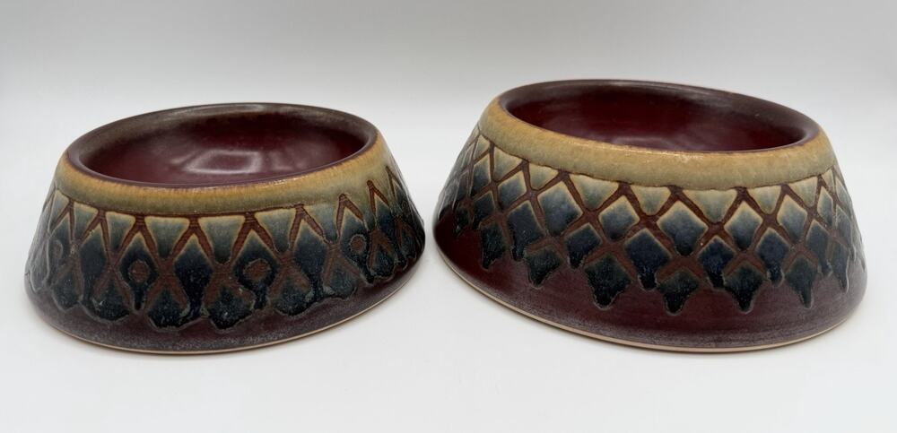 Michael Metz Art Pottery Drip Glaze Dog Cat Food Dishes 6” and 7” Pair Signed